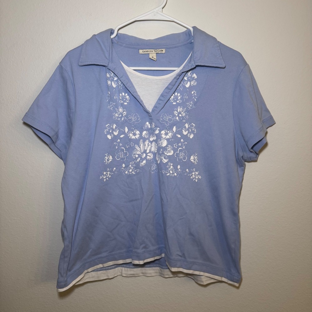 Carolyn Taylor Womens Blue White Floral Embroidered Layered Collar Shirt Top XL